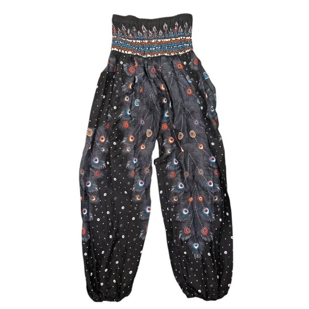 Bibis Journey Women Black Peacock Feather Print Smocked Harem Pants Boho Relaxed